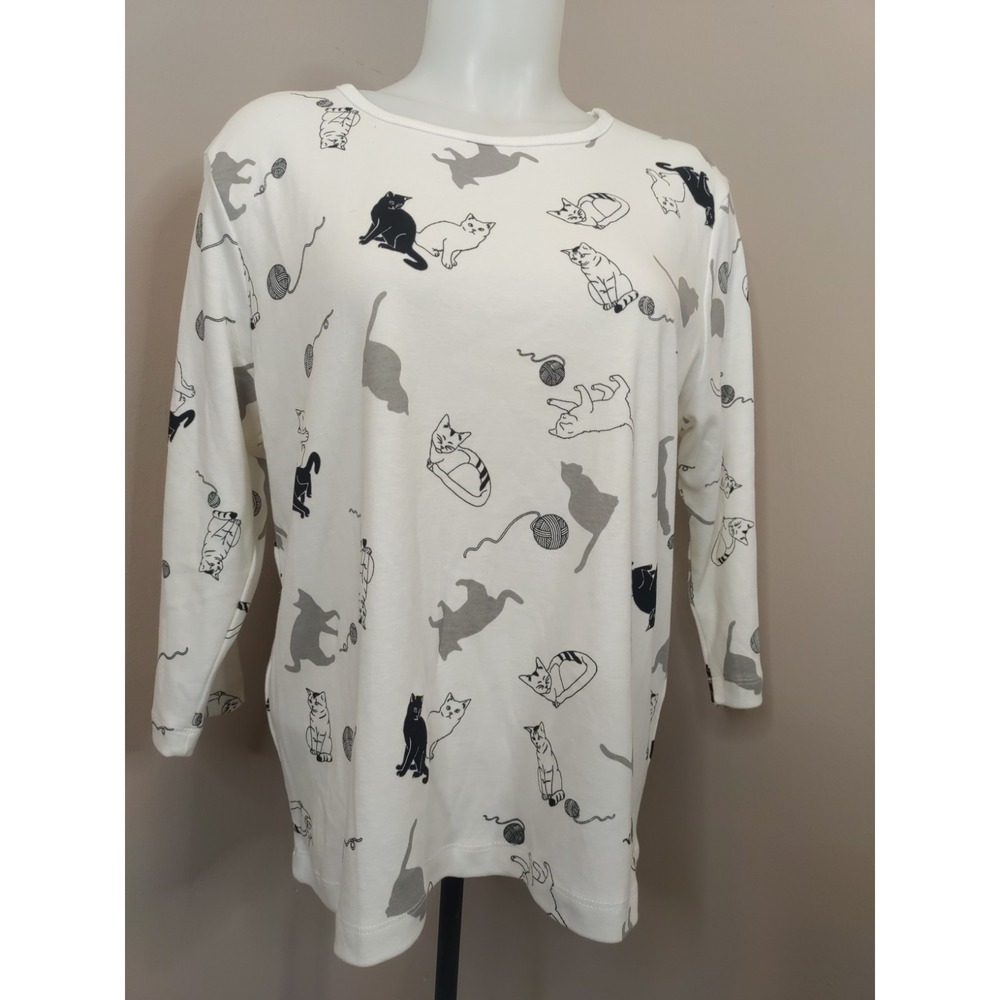 Bonnie Evans‎ White Black Grey Whimsical Cats 3/4 Sleeve Top Size PL